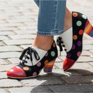 Lola Ramona Polka Dot Lace-Up Heels – Red Patent Toe Rainbow Heel Size 38 or 7